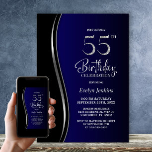 Black Blue 55th Birthday Party Invitation