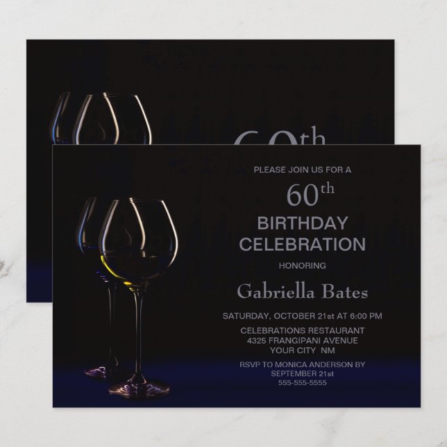 Black Blue 60th Birthday Wine Glass Party Invitation (Front/Back)