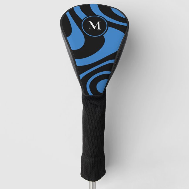 Black Blue Abstract Design Custom Initial Driver Golf Head Cover (Front)