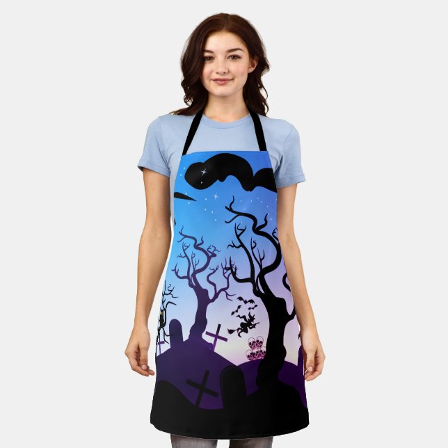 Black, blue and purple haunted graveyard Halloween Apron (Worn)