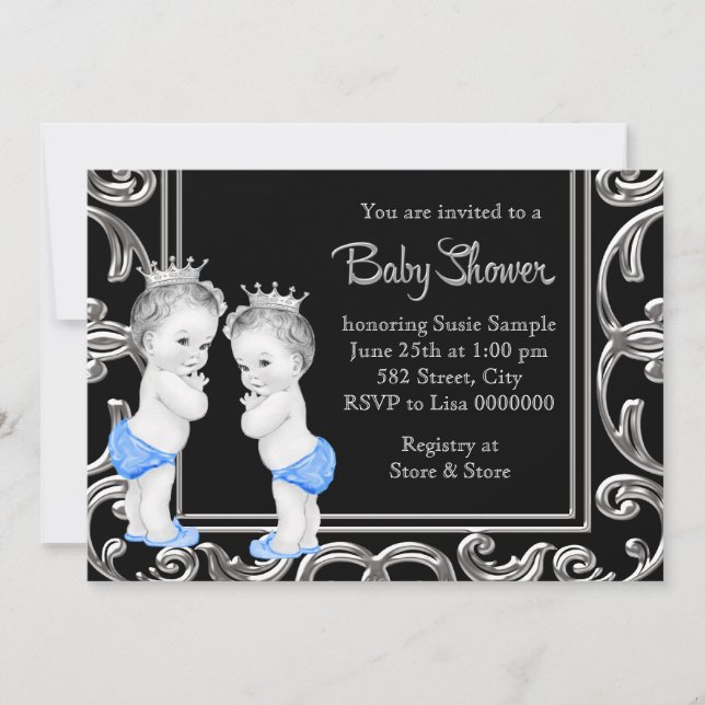 Black, Blue and Silver Twin Boy Baby Shower Invitation (Front)