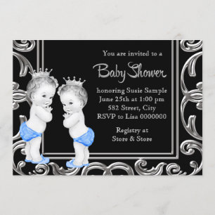 Black, Blue and Silver Twin Boy Baby Shower Invitation