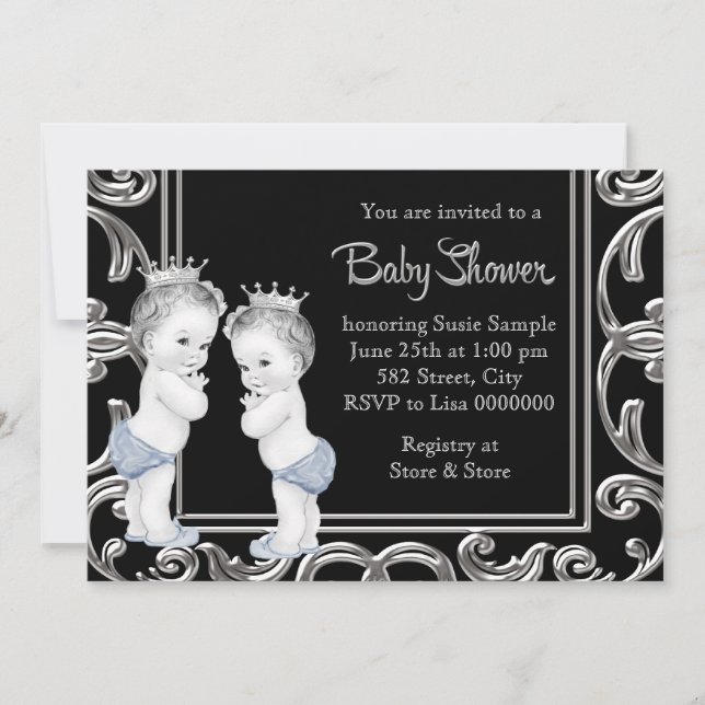Black, Blue and Silver Twin Boy Baby Shower Invitation (Front)