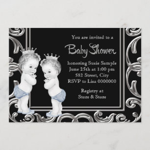 Black, Blue and Silver Twin Boy Baby Shower Invitation