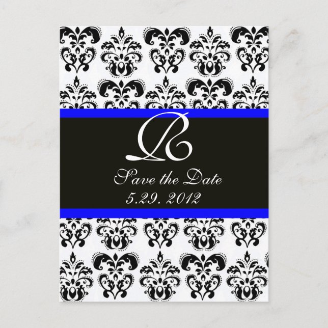BLACK  BLUE AND WHITE DAMASK MONOGRAM ANNOUNCEMENT POSTCARD (Front)