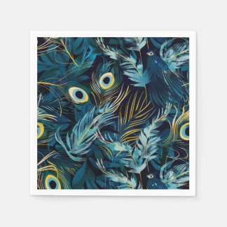 Black, blue and yellow peacock feathers pattern napkin