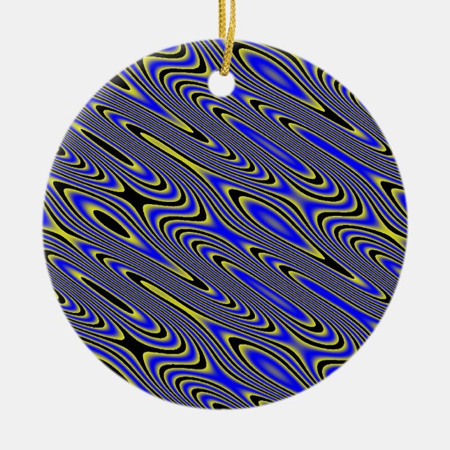 Black Blue and Yellow Swirly Pattern Ceramic Tree Decoration (Front)