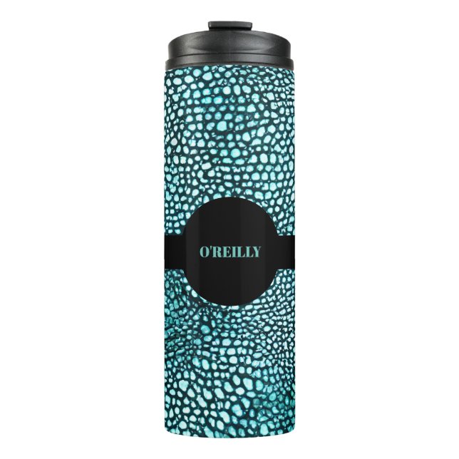Black Blue Animal Print Pattern Modern Monogram Thermal Tumbler (Front)