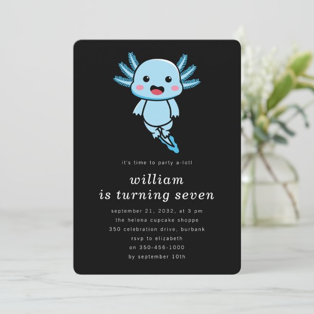 Black Blue Axolotl Birthday Party Invitation (Standing Front)