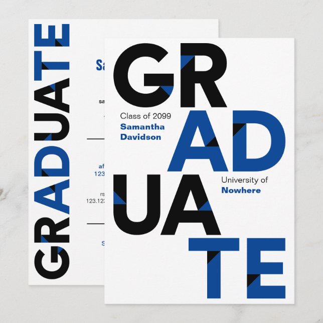 Black & Blue Big Bold Angle-Cut Letters Graduation Invitation (Front/Back)