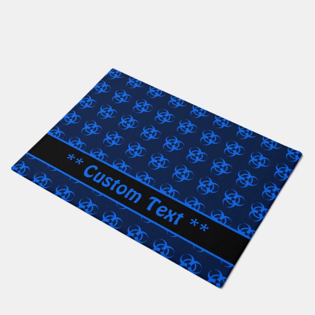 Black & Blue Biohazard Symbol Doormat w/ Text (Angled)