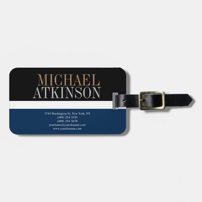 Black Blue Bold Text Trendy Stylish Luggage Tag (Front Horizontal)