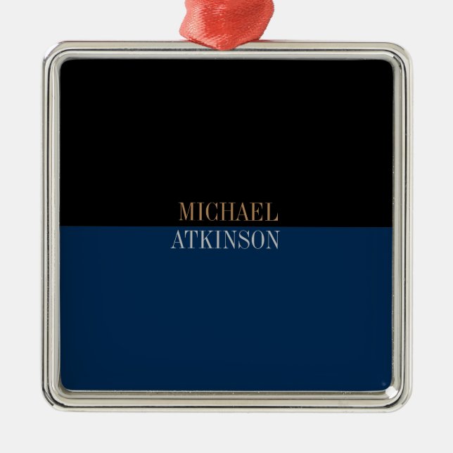 Black Blue Bold Text Trendy Stylish Your Name Metal Tree Decoration (Front)