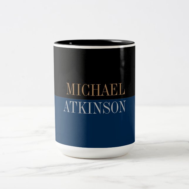 Black Blue Bold Text Trendy Stylish Your Name Two-Tone Coffee Mug (Center)