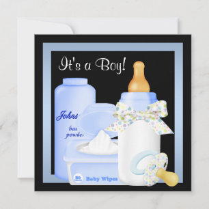 Black Blue Bottle Pacifier Baby Boy Shower Invitation