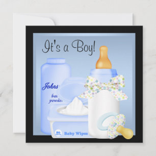 Black Blue Bottle Pacifier Baby Boy Shower Invitation