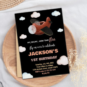 Black Blue Brown Aeroplane Birthday Invitations
