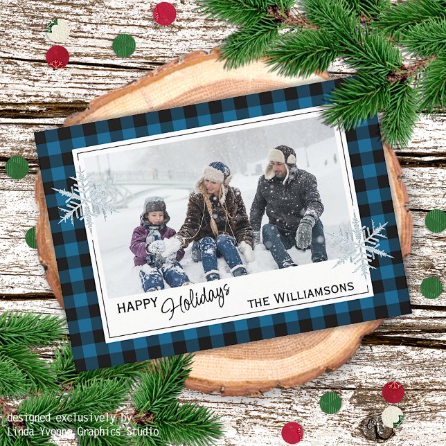 Black Blue Buffalo Lumberjack Plaid & Snowflakes Holiday Card (Creator Uploaded)