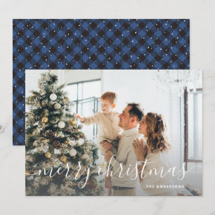 Black Blue Buffalo Plaid Photo Merry Christmas Holiday Card