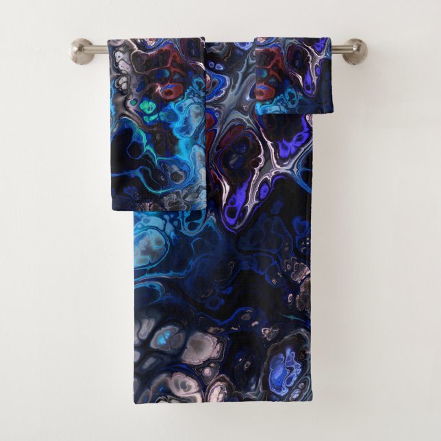 Black, blue, burgundy marble tie dye bath towel set (Insitu)