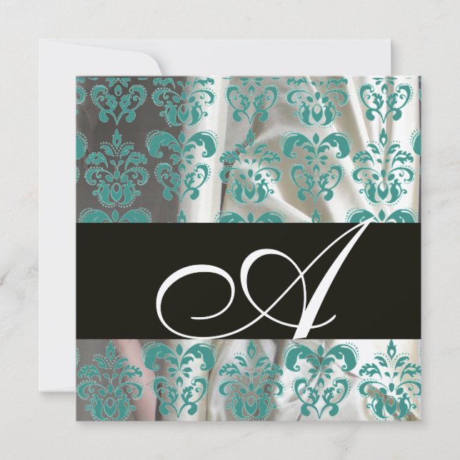 BLACK BLUE CHAMPAGNE SILK DAMASK CLOTH MONOGRAM INVITATION (Front)