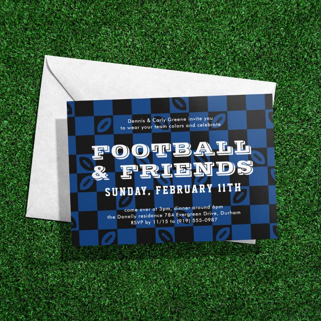 Black Blue Chequerboard Football Game Watch Party Invitation (Creator Uploaded)
