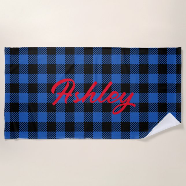 Black Blue Chequered Buffalo Pattern | Personalise Beach Towel (Front)