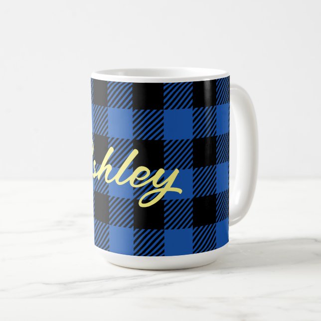 Black Blue Chequered Buffalo Pattern | Personalise Coffee Mug (Front Right)