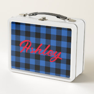 Black Blue Chequered Buffalo Pattern   Personalise Metal Lunch Box