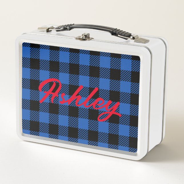 Black Blue Chequered Buffalo Pattern | Personalise Metal Lunch Box (Front)