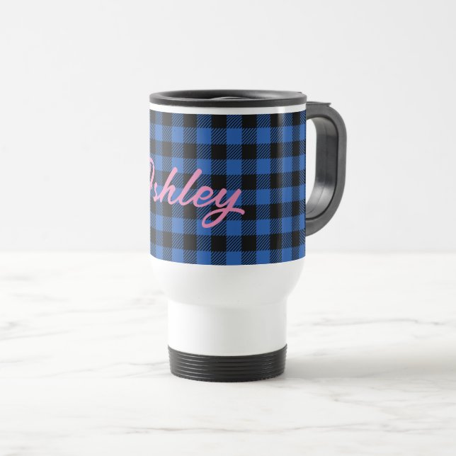 Black Blue Chequered Buffalo Pattern | Personalise Travel Mug (Front Right)