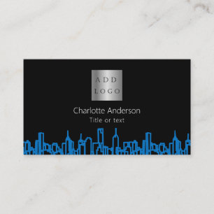Black blue city skyline real estate logo QR code Business Card