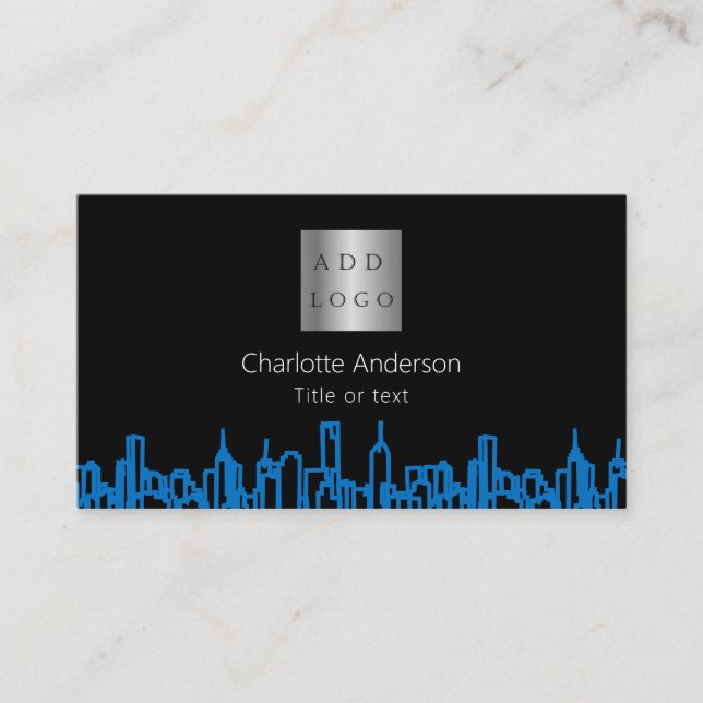 Black blue city skyline real estate logo QR code Business Card (Front)