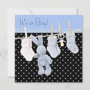 Black Blue Clothesline Baby Boy Shower Invitation