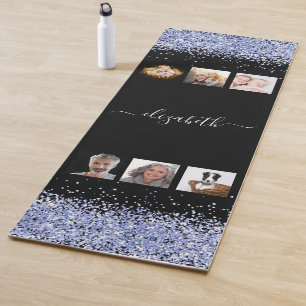 Black blue confetti name photo collage yoga mat