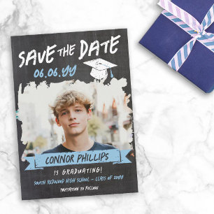 Black Blue Cool Chalk Photo Graduation Save The Date