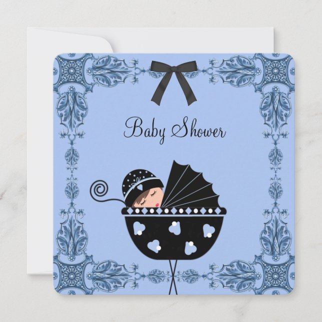 Black Blue Damask Baby Boy Shower Invitation (Front)
