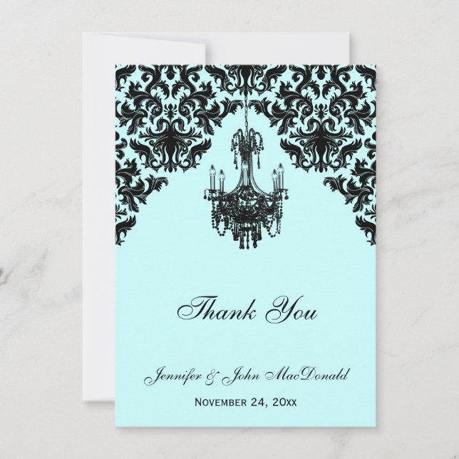 Black Blue Damask Chandelier Thank You Card (Front)