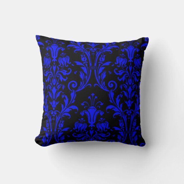 Black & Blue Damask Floral Swirls 2 Cushion (Front)