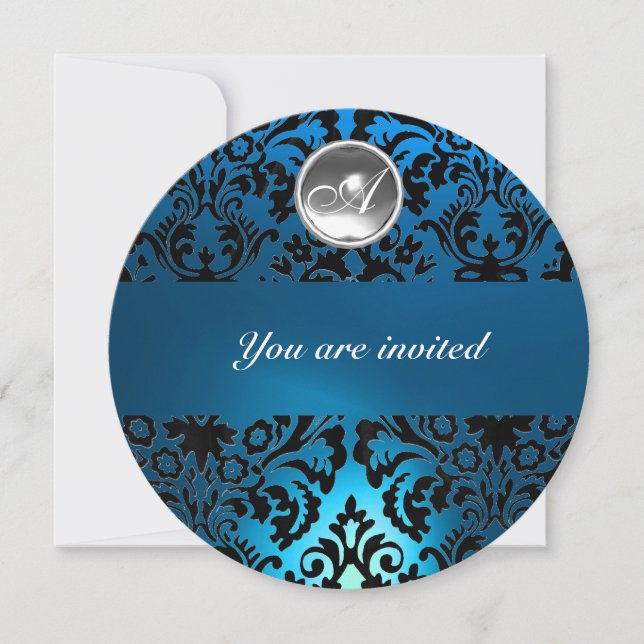 BLACK & BLUE DAMASK GEM STONE MONOGRAM INVITATION (Front)