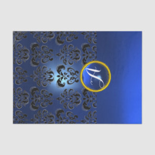 BLACK BLUE DAMASK GEMSTONE MONOGRAM Floral Tissue Paper