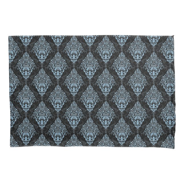 Black & Blue Damask Print Pillowcase  (Front)