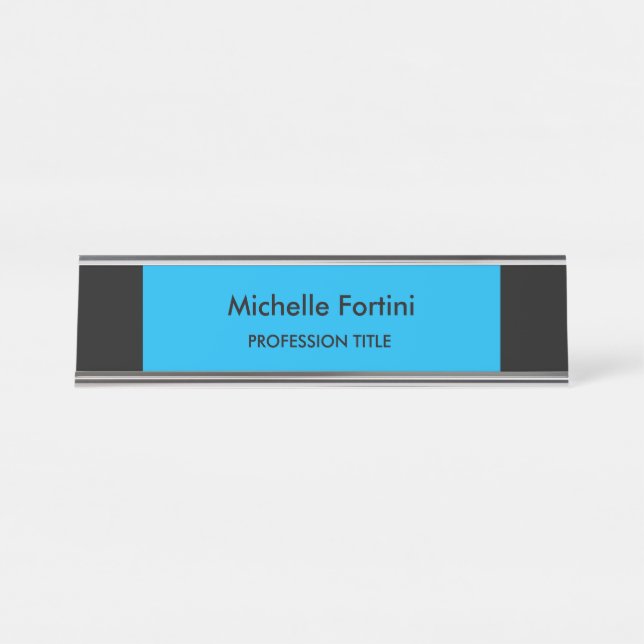 Black Blue Elegant Plain Minimalist Desk Name Plate (Front)