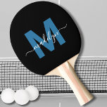 Black Blue Elegant Script Name Monogram Ping Pong Paddle<br><div class="desc">Create Your Own Personalised Black Blue Elegant Script Name Monogram Ping Pong Paddle. This chic ping pong paddle features a stylish monogram on the front with a flat, blue initial on a sleek black background, paired with a classic white script name for a personalised touch. The back remains a plain...</div>