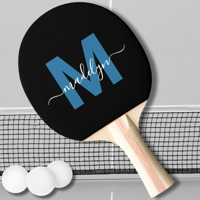 Black Blue Elegant Script Name Monogram Ping Pong Paddle (Black Blue Elegant Script Name Monogram Ping Pong Paddle)