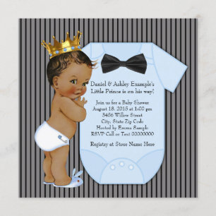 Black Blue Ethnic Prince Baby Shower Gold Crown Invitation