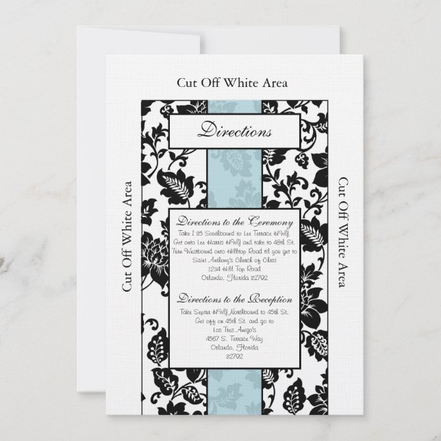Black/Blue Floral Damask Wedding Directions Card (Front)