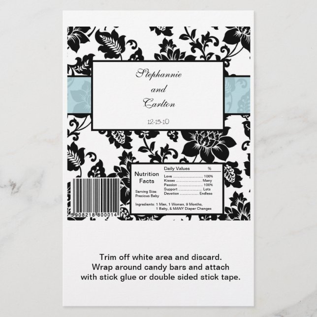 Black/Blue Floral Damask Wedding Hershey's Wrapper (Front)