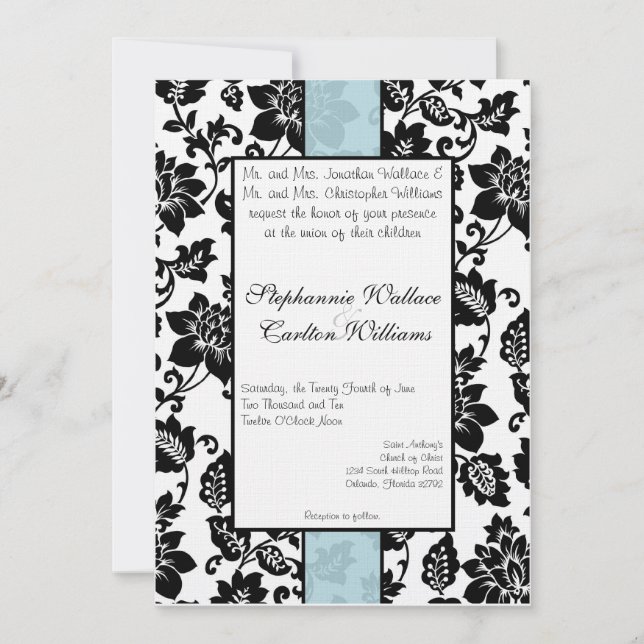 Black/Blue Floral Damask Wedding Invitation (Front)