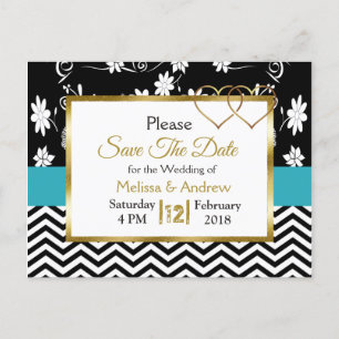Black & Blue Floral Hearts Save the Date Announcement Postcard